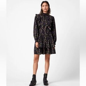 All Saints Aislyn Varanasi Black Floral Print Cotton Flare Mini Dress Size 2 NWT